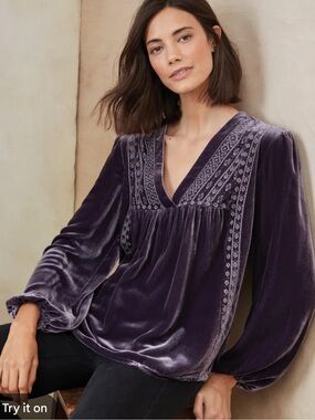 Garnet Hill Embroidered-Yoke Velvet Blouse in blue - size 12 woman’s